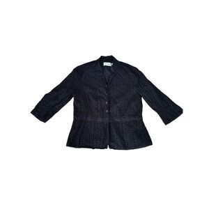 Alfred Dunner Womens Black Eyelet Peplum Button Up Blouse Jacket Size 12